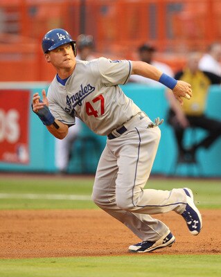 MIAMI GARDENS, FL - APRIL 25:  Jerry Sands #47 of the Los Angeles Dodgers breaks for second  during a game against the Florida Marlins at Sun Life Stadium on April 25, 2011 in Miami Gardens, Florida.  (Photo by Mike Ehrmann/Getty Images)