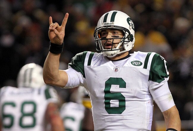 PITTSBURGH, PA - JANUARY 23:  Quarterback Mark Sanchez #6 of the New York Jets gestures against the Pittsburgh Steelers during the 2011 AFC Championship game at Heinz Field on January 23, 2011 in Pittsburgh, Pennsylvania. The Steelers won 24-19.  (Photo b