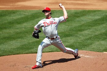 ATLANTA, GA - APRIL 10: Cole Hamels #35 of the Philadelphia Phillies pitches against the Atlanta Braves at Turner Field on April 10, 2011 in Atlanta, Georgia. The Phillies won 3-0. (Photo by Joe Robbins/Getty Images)