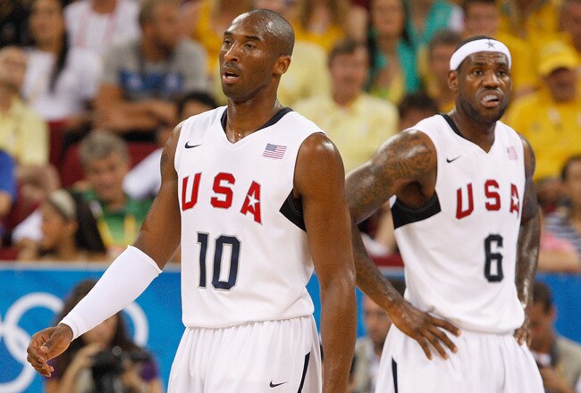 BEIJING - AUGUST 20:  Kobe Bryant #10 and Lebron James #6 of the United States prepare for play during the men's basketball quarterfinal game against Australia at the Olympic Basketball Gymnasium during Day 12 of the Beijing 2008 Olympic Games on August 2