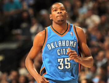 DENVER, CO - APRIL 25:  Kevin Durant #35 of the Oklahoma City Thunder heads up court against the Denver Nuggets in Game Four of the Western Conference Quarterfinals in the 2011 NBA Playoffs on April 24, 2011 at the Pepsi Center in Denver, Colorado. The Nu