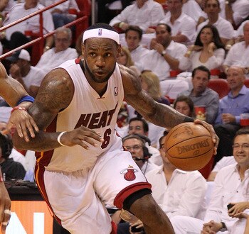 MIAMI, FL - APRIL 18:  LeBron James #6 of the Miami Heat drives into the lane during game two of the Eastern Conference Quarterfinals against the Philadelphia 76ers at American Airlines Arena on April 18, 2011 in Miami, Florida. NOTE TO USER: User express