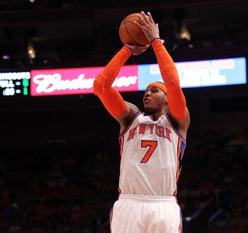 NEW YORK, NY - APRIL 24:  Carmelo Anthony #7 of the New York Knicks attempts a shot agaist the Boston Celtics in Game Four of the Eastern Conference Quarterfinals during the 2011 NBA Playoffs on April 24, 2011 at Madison Square Garden in New York City. Th