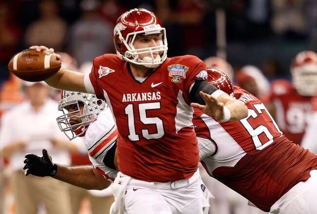 NEW ORLEANS, LA - JANUARY 04:  Quarterback Ryan Mallett #15 of the Arkansas Razorbacks looks to pass against the Ohio State Buckeyes during the Allstate Sugar Bowl at the Louisiana Superdome on January 4, 2011 in New Orleans, Louisiana.  (Photo by Matthew