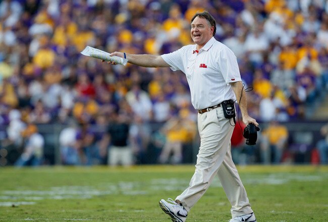 BATON ROUGE, LA - NOVEMBER 20:  Head coach Houston Nutt of the Ole Miss Rebels argues a call during the game against the Louisiana State University Tigers at Tiger Stadium on November 20, 2010 in Baton Rouge, Louisiana.  (Photo by Kevin C. Cox/Getty Image