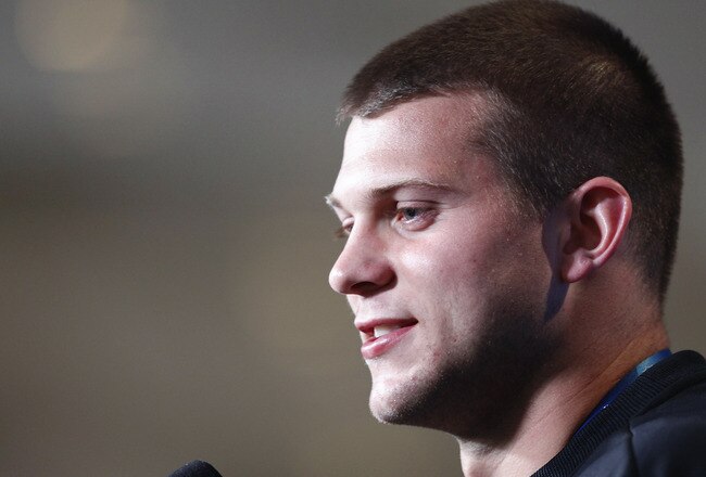 INDIANAPOLIS, IN - FEBRUARY 25: Washington Huskies quarterback Jake Locker answers questions during a media session at the 2011 NFL Scouting Combine at Lucas Oil Stadium on February 25, 2011 in Indianapolis, Indiana. (Photo by Joe Robbins/Getty Images)