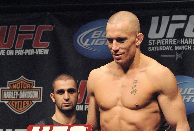 NEWARK, NJ - MARCH 26:  UFC fighter Georges St-Pierre (pictured) weighs in for his fight against UFC fighter Dan Hardy for the Championship Welterweight fight at UFC 111: St-Pierre vs. Hardy Weigh-In on March 26, 2010 in Newark, New Jersey.  (Photo by Jon