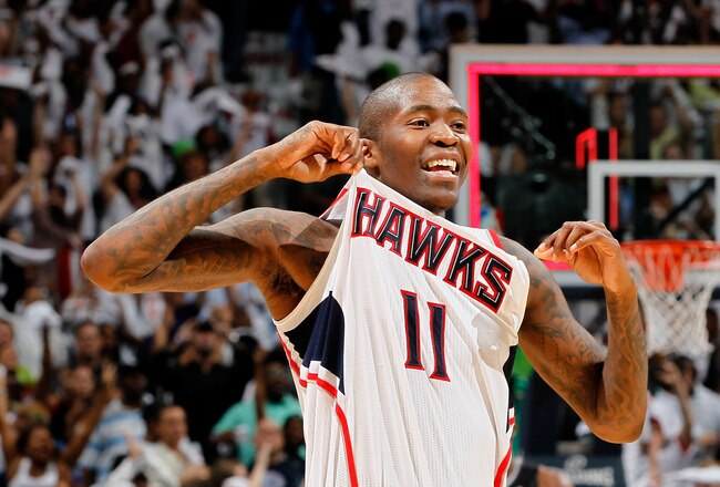 ATLANTA, GA - APRIL 28:  Jamal Crawford #11 of the Atlanta Hawks reacts after their 84-81 win over the Orlando Magic during Game Six of the Eastern Conference Quarterfinals in the 2011 NBA Playoffs at Philips Arena on April 28, 2011 in Atlanta, Georgia.  