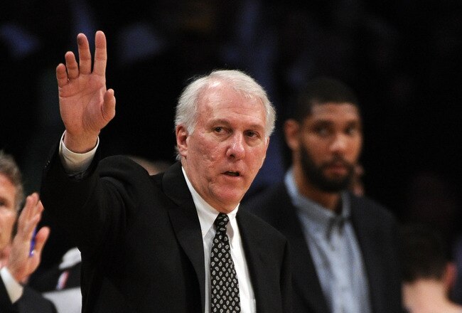 LOS ANGELES, CA - APRIL 12:  Head Coach Gregg Popovich of the San Antonio Spurs reacts from the bench during a 102-93 Los Angeles Lakers win at Staples Center on April 12, 2011 in Los Angeles, California.  NOTE TO USER: User expressly acknowledges and agr
