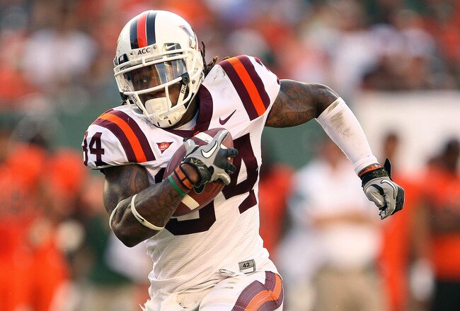 MIAMI - NOVEMBER 20: Ryan Williams #34 of the Virginia Tech Hokies runs with the ball during a game against the Miami Hurricanes at Sun Life Stadium on November 20, 2010 in Miami, Florida.  (Photo by Mike Ehrmann/Getty Images)