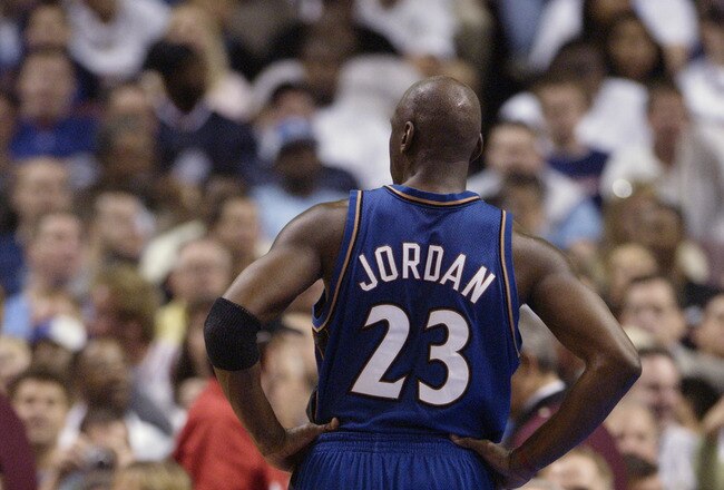 PHILADELPHIA - APRIL 16:  Michael Jordan #23 of the Washington Wizards on the court during the final NBA game of his career, played against the Philadelphia 76ers at First Union Center on March 30, 2003 in Philadelphia, Pennsylvania.  The Sixers won 107-8