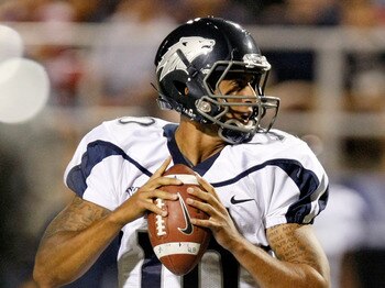 LAS VEGAS - OCTOBER 02:  Quarterback Colin Kaepernick #10 of the Nevada Reno Wolf Pack looks to pass against the  UNLV Rebels in the third quarter of their game at Sam Boyd Stadium October 2, 2010 in Las Vegas, Nevada. Nevada Reno won 44-26.  (Photo by Et