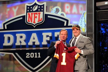 NEW YORK, NY - APRIL 28:  NFL Commissioner Roger Goodell (L) poses for a photo with Ryan Kerrigan, #16 overall pick by the Washington Redskins, on stage during the 2011 NFL Draft at Radio City Music Hall on April 28, 2011 in New York City.  (Photo by Chri