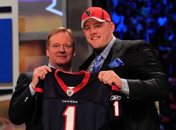 NEW YORK, NY - APRIL 28:  NFL Commissioner Roger Goodell, poses for a photo with J.J. Watt, #11 overall pick by the Houston Texans, on stage during the 2011 NFL Draft at Radio City Music Hall on April 28, 2011 in New York City.  (Photo by Chris Trotman/Ge