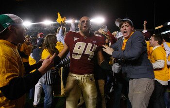 CHESTNUT HILL, MA - OCTOBER 18:  Mark Herzlich #94 of the Boston College Eagles celebrates after defeating the Virginia Tech Hokies, 28-23 on October 18, 2008 at Alumni Stadium in Chestnut Hill, Massachusetts.  (Photo by Jim Rogash/Getty Images)