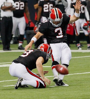 ATLANTA - OCTOBER 03:  Kicker Matt Bryant #3 of the Atlanta Falcons kicks the game-winning field goal in the final seconds against the San Francisco 49ers at Georgia Dome on October 3, 2010 in Atlanta, Georgia.  (Photo by Kevin C. Cox/Getty Images)