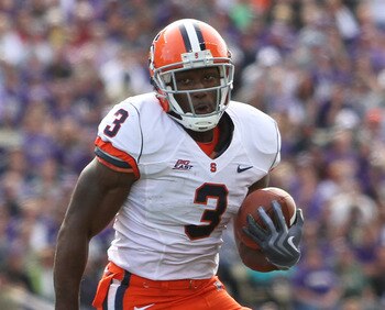 SEATTLE - SEPTEMBER 11:  Running back Delone Carter #3 of the Syracuse Orange rushes against the Washington Huskies on September 11, 2010 at Husky Stadium in Seattle, Washington. (Photo by Otto Greule Jr/Getty Images)