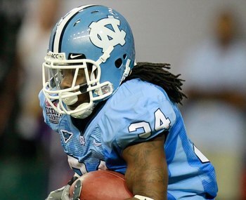 ATLANTA - SEPTEMBER 04:  Johnny White #34 of the North Carolina Tar Heels against the LSU Tigers during the Chick-fil-A Kickoff Game at Georgia Dome on September 4, 2010 in Atlanta, Georgia.  (Photo by Kevin C. Cox/Getty Images)
