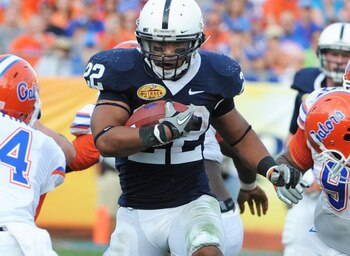 TAMPA, FL - JANUARY 1:  Running back Evan Royster #22 of the Penn State Nittany Lions rushes upfield against the Florida Gators January 1, 2010 in the 25th Outback Bowl at Raymond James Stadium in Tampa, Florida.  (Photo by Al Messerschmidt/Getty Images)