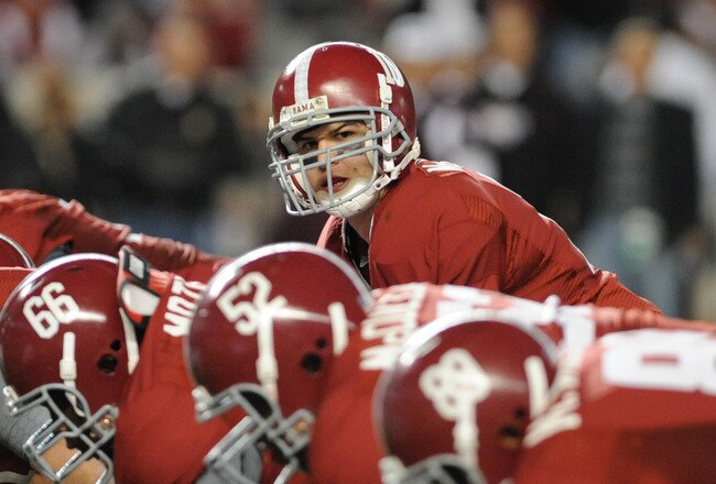 TUSCALOOSA, AL - NOVEMBER 13: Quarterback A. J. McCarron #10 of the Alabama Crimson Tide sets for play against the Mississippi State Bulldogs November 13, 2010 at Bryant-Denny Stadium in Tuscaloosa, Alabama.  (Photo by Al Messerschmidt/Getty Images)