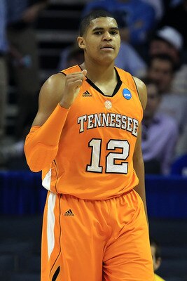 CHARLOTTE, NC - MARCH 18:  Tobias Harris #12 of the Tennessee Volunteers reacts in the first half while taking on the Michigan Wolverines during the second round of the 2011 NCAA men's basketball tournament at Time Warner Cable Arena on March 18, 2011 in