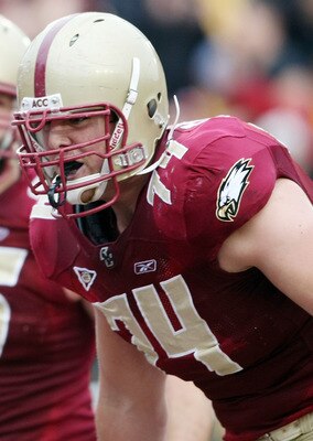 CHESTNUT HILL, MA - OCTOBER 03:  Anthony Castonzo #74 of the Boston College Eagles congratulates teammate Montel Harris #2 after Harris scored a touchdown in the first quarter against the Florida State Seminoles on October 3, 2009 at Alumni Stadium in Che