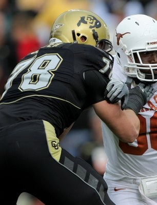 BOULDER, CO - OCTOBER 04:  Brian Orakpo #98 of the Texas Longhorns rushes against Nate Solder #78 the Colorado Buffaloes at Folsom Field on October 4, 2008 in Boulder, Colorado. Texas defeated Colorado 38-14.  (Photo by Doug Pensinger/Getty Images)