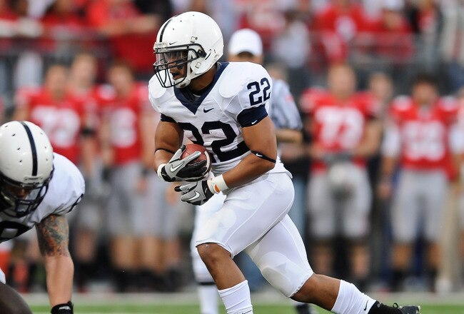 COLUMBUS, OH - NOVEMBER 13:  Evan Royster #22 of the Penn State Nittany Lions runs with the ball against the Ohio State Buckeyes at Ohio Stadium on November 13, 2010 in Columbus, Ohio.  (Photo by Jamie Sabau/Getty Images)