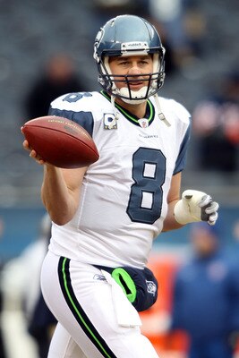 CHICAGO, IL - JANUARY 16:  Quarterback Matt Hasselbeck #8 of the Seattle Seahawks looks on during pregame before taking on the Chicago Bears in the 2011 NFC divisional playoff game at Soldier Field on January 16, 2011 in Chicago, Illinois.  (Photo by Andy