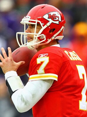 KANSAS CITY, MO - JANUARY 09:  Quarterback Matt Cassel #7 of the Kansas City Chiefs looks to pass against the Baltimore Ravens in their 2011 AFC wild card playoff game at Arrowhead Stadium on January 9, 2011 in Kansas City, Missouri.  (Photo by Dilip Vish