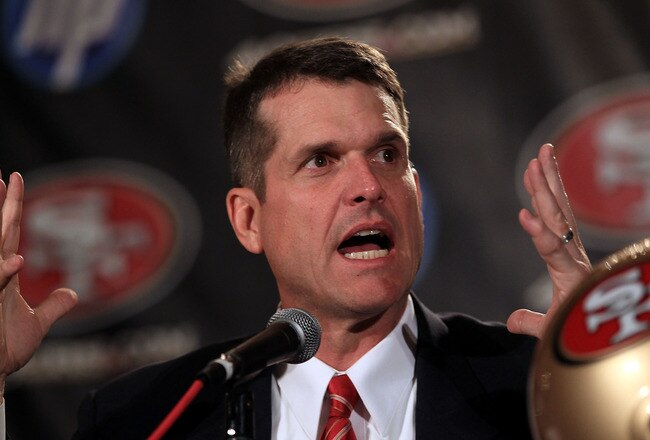 SAN FRANCISCO, CA - JANUARY 07:  Jim Harbaugh speaks at a press conference where he was introduced as the new San Francisco 49ers head coach at the Palace Hotel on January 7, 2011 in San Francisco, California.  (Photo by Ezra Shaw/Getty Images)