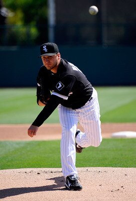 GLENDALE, AZ - MARCH 11:  Mark Buehrle #56 of the Chicago White Sox pitches during the spring training baseball game against Chicago Cubs at Camelback Ranch on March 11, 2011 in Glendale, Arizona.  (Photo by Kevork Djansezian/Getty Images)