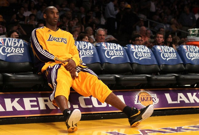 LOS ANGELES, CA - MAY 04:  Kobe Bryant #24 of the Los Angeles Lakers sits on the bench alone before the start of the third quarter against the Dallas Mavericks in Game Two of the Western Conference Semifinals in the 2011 NBA Playoffs at Staples Center on