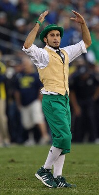 SOUTH BEND, IN - SEPTEMBER 11: The leprechaun mascot for the Notre Dame Fighting Irish performs during a game against the Michigan Wolverines at Notre Dame Stadium on September 11, 2010 in South Bend, Indiana. Michigan defeated Notre Dame 28-24. (Photo by