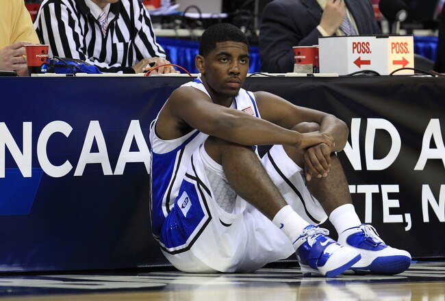 CHARLOTTE, NC - MARCH 20:  Kyrie Irving #1 of the Duke Blue Devils waits to enter the game while taking on the Michigan Wolverines during the third round of the 2011 NCAA men's basketball tournament at Time Warner Cable Arena on March 20, 2011 in Charlott