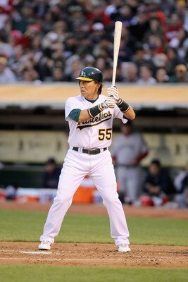 OAKLAND, CA - APRIL 19:  Hideki Matsui #55 of the Oakland Athletics in action against the Boston Red Sox at Oakland-Alameda County Coliseum on April 19, 2011 in Oakland, California.  (Photo by Ezra Shaw/Getty Images)