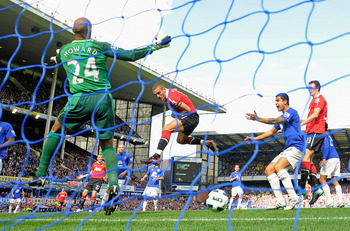 LIVERPOOL, ENGLAND - SEPTEMBER 11:  Nemanja Vidic of Manchester United scores to make it 2-1 during the Barclays Premier League match between Everton and Manchester United at Goodison Park on September 11, 2010 in Liverpool, England.  (Photo by Michael Re