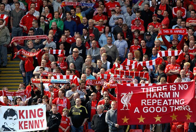 LIVERPOOL, ENGLAND - MAY 01:   Liverpool fans on the Kop display banners in support of their manager Kenny Dalglish the Barclays Premier League match between Liverpool  and Newcastle United at Anfield on May 1, 2011 in Liverpool, England.  (Photo by Clive