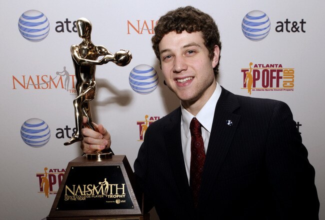 HOUSTON - APRIL 03:  Jimmer Fredette of BYU received the 2011 Naismith Trophy Presented by AT&T at the NABC Guardians of the Game Awards Program on April 3, 2011 in Houston, Texas.  (Photo by Bob Levey/Getty Images)