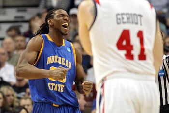 DENVER, CO - MARCH 19:  Kenneth Faried #35 of the Morehead State Eagles dunks reacts after a play against the Richmond Spiders during the third round of the 2011 NCAA men's basketball tournament at Pepsi Center on March 19, 2011 in Denver, Colorado.  (Pho