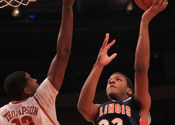 NEW YORK - NOVEMBER 18: Jereme Richmond #22 of the Illinois Fighting Illini shoots over Tristan Thompson #13 of the Texas Longhorns during the 2k Sports Classic at Madison Square Garden on November 18, 2010 in New York, New York.  (Photo by Chris McGrath/
