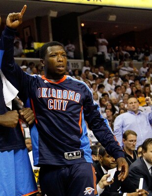 MEMPHIS, TN - MAY 13:  Serge Ibaka #9, Kendrick Perkins #5 and Nate Robinson #3 of the Oklahoma City Thunder react after a basket and a foul against the Memphis Grizzlies in Game Six of the Western Conference Semifinals in the 2011 NBA Playoffs at FedExFo