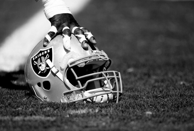 NAPA, CA - AUGUST 5: (EDITORS NOTE: THIS IMAGE HAS BEEN CONVERTED TO BLACK AND WHITE) A detail of a helmet during the Oakland Raiders Training Camp at the Napa Valley Marriott on August 5, 2009 in Napa, California. (Photo by Jed Jacobsohn/Getty Images)