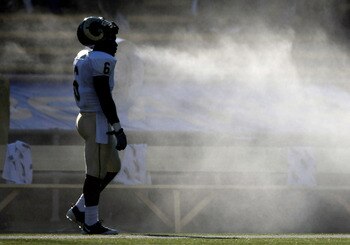 BERKELEY, CA - SEPTEMBER 27: Mychal Sisson #6 of the Colorado State Rams looks on in the second half against the California Golden Bears during an NCAA football game on September 27, 2008 at Memorial Stadium in Berkeley, California.  (Photo by Jed Jacobso