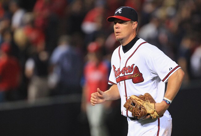 ATLANTA, GA - APRIL 08:  Chipper Jones #10 of the Atlanta Braves during their opening day game against the Philadephia Phillies at Turner Field on April 8, 2011 in Atlanta, Georgia.  (Photo by Streeter Lecka/Getty Images)