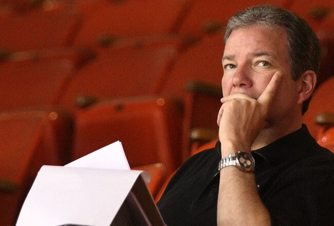 PITTSBURGH - MAY 20: General Manager Ray Shero of the Pittsburgh Penguins watches his team's practice session at Mellon Arena on May 20, 2009 in Pittsburgh, Pennsylvania. (Photo by Bruce Bennett/Getty Images)