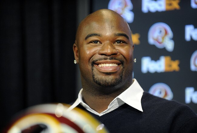 ASHBURN, VA - FEBRUARY 27:  Albert Haynesworth attends a press conference after signing a 7-year contract worth approximately $100 million with the Washington Redskins on February 27, 2009 at Redskins Park in Ashburn, Virginia.  (Photo by Mitchell Layton/