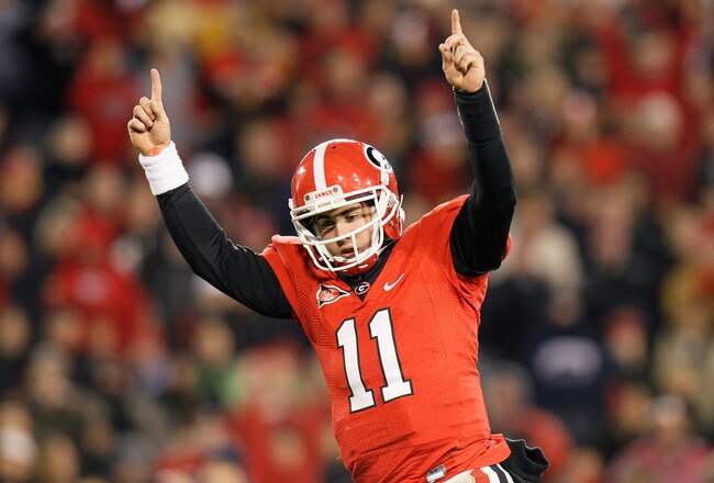 ATHENS, GA - NOVEMBER 27:  Quarterback Aaron Murray #11 of the Georgia Bulldogs reacts after scoring a touchdown against the Georgia Tech Yellow Jackets at Sanford Stadium on November 27, 2010 in Athens, Georgia.  (Photo by Kevin C. Cox/Getty Images)