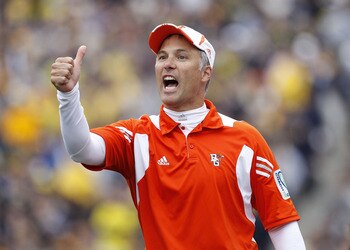 ANN ARBOR, MI - SEPTEMBER 25: Bowling Green Head Coach Dave Clawson reacts during the game against  the Michigan Wolverines on September 25, 2010 at Michigan Stadium in Ann Arbor, Michigan. Michigan defeated Bowling Green 65-21.  (Photo by Leon Halip/Gett