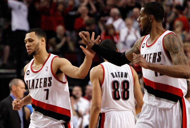 PORTLAND, OR - APRIL 23:  Brandon Roy #7 high fives LaMarcus Aldridge #12 of the Portland Trail Blazers against the Dallas Mavericks in Game Four of the Western Conference Quarterfinals in the 2011 NBA Playoffs on April 23, 2011 at the Rose Garden in Port